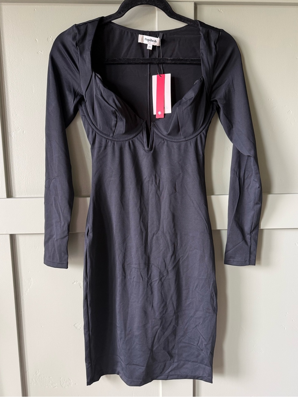 NWT Popilush Shapewear Lace Trim V-Neck Long Sleeve Bodycon Mini Dress Black XS